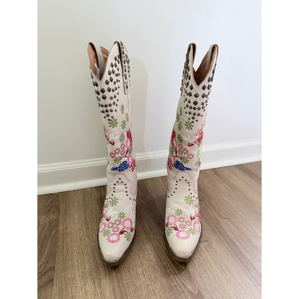 Anthropologie Dingo Poppy White Floral Embroidered Western Boots-Size 7.5 - Picture 3 of 9
